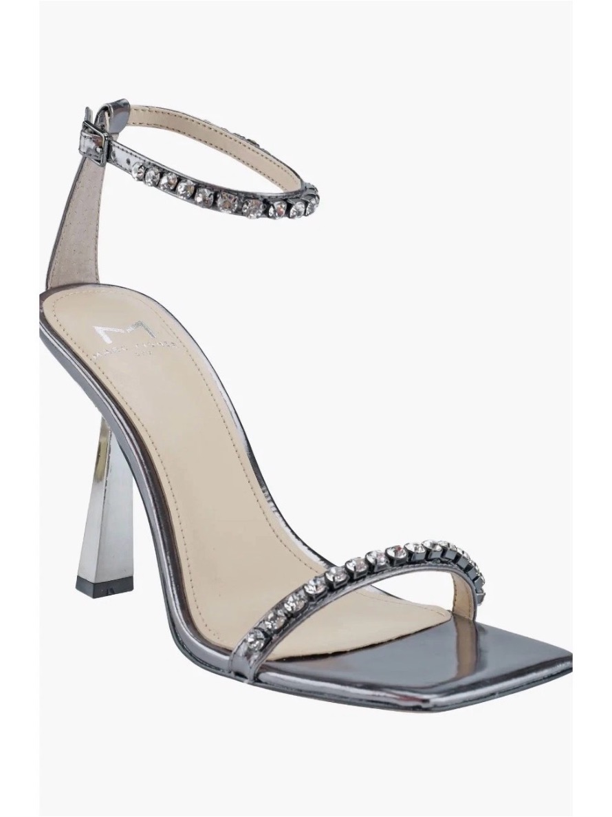 Marc Fisher Metallic Pewter Gem-Embellished Ankle-Strap Sandal